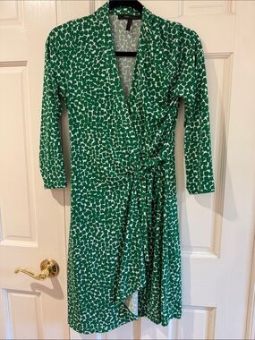 Green Printed Wrap Dress with Self-Tie Waist